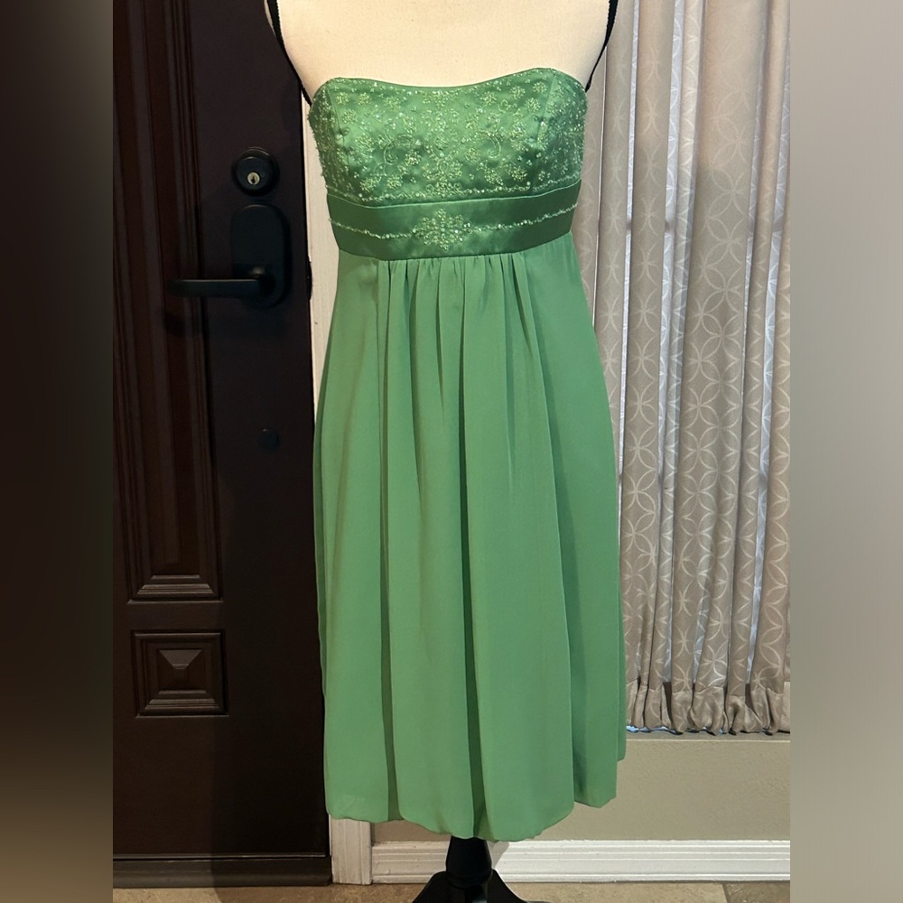 David’s Bridal Satin Chiffon Strapless Dress Clover Jeweled Bodice NWT Pretty